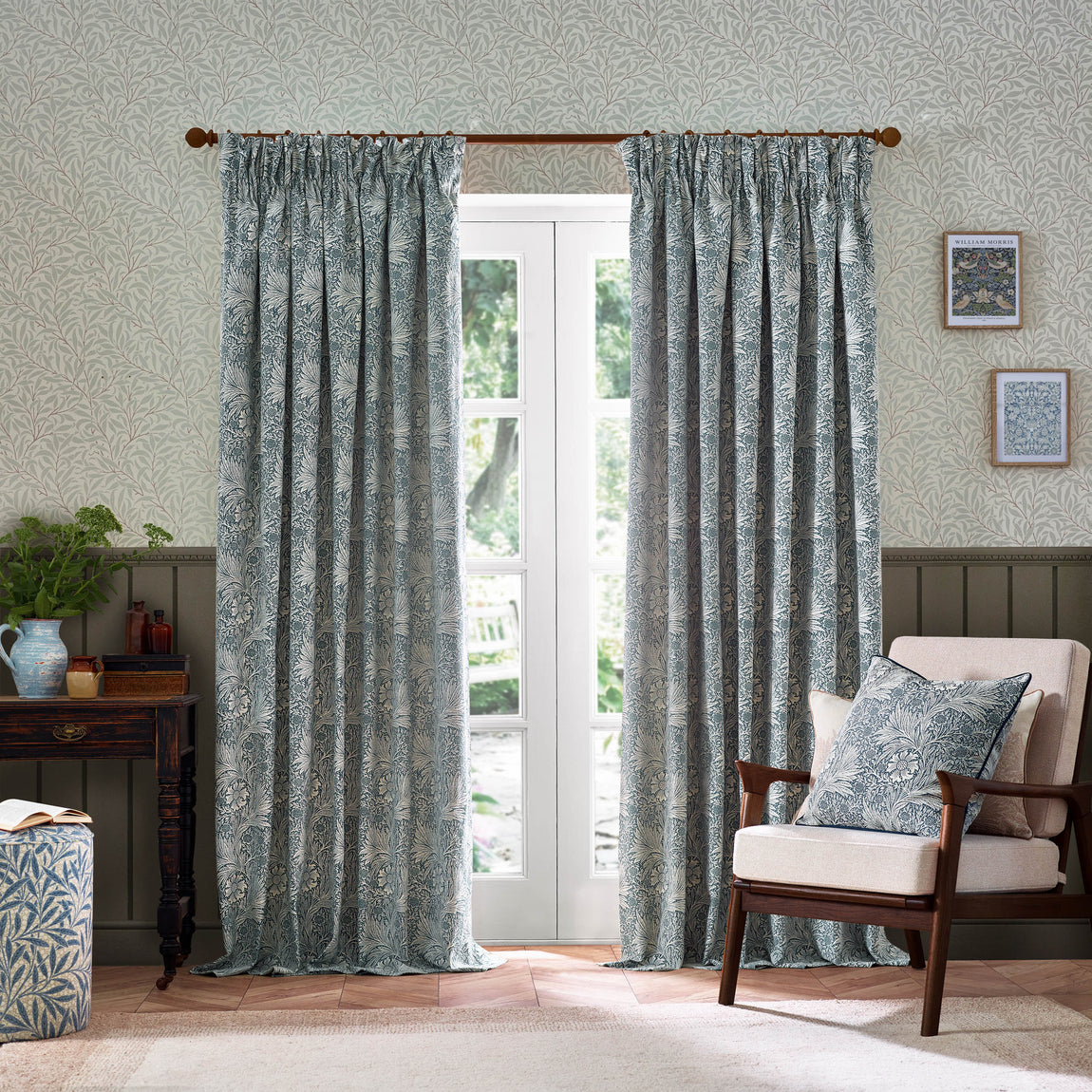 Morris & Co. Marigold Jacquard Floral Ready Made Pencil Pleat Curtains Indigo