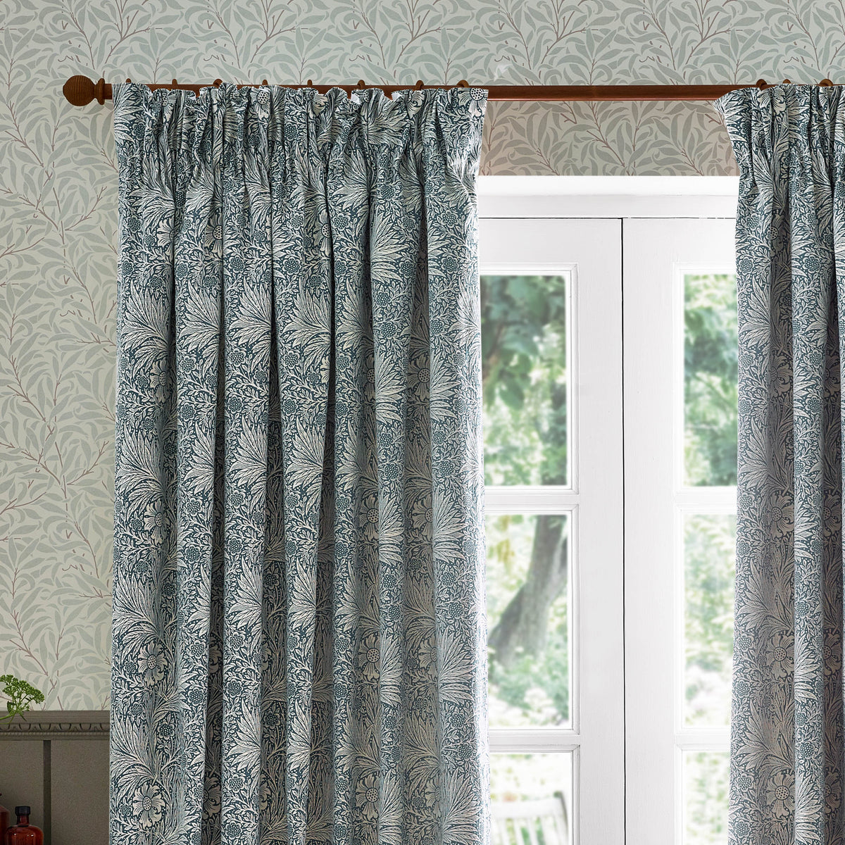 Morris & Co. Marigold Jacquard Floral Ready Made Pencil Pleat Curtains Indigo