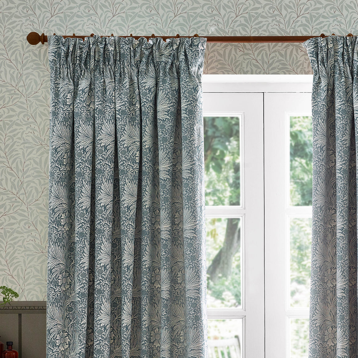 Morris & Co. Marigold Jacquard Floral Ready Made Pencil Pleat Curtains Indigo