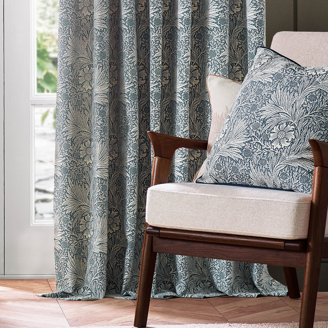 Morris & Co. Marigold Jacquard Floral Ready Made Pencil Pleat Curtains Indigo