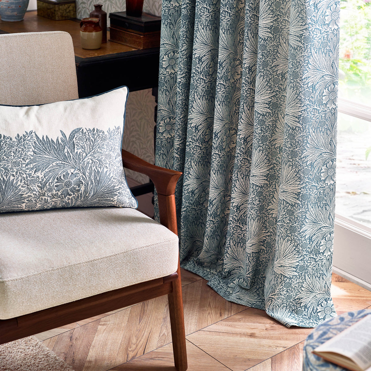 Morris & Co. Marigold Jacquard Floral Ready Made Pencil Pleat Curtains Indigo