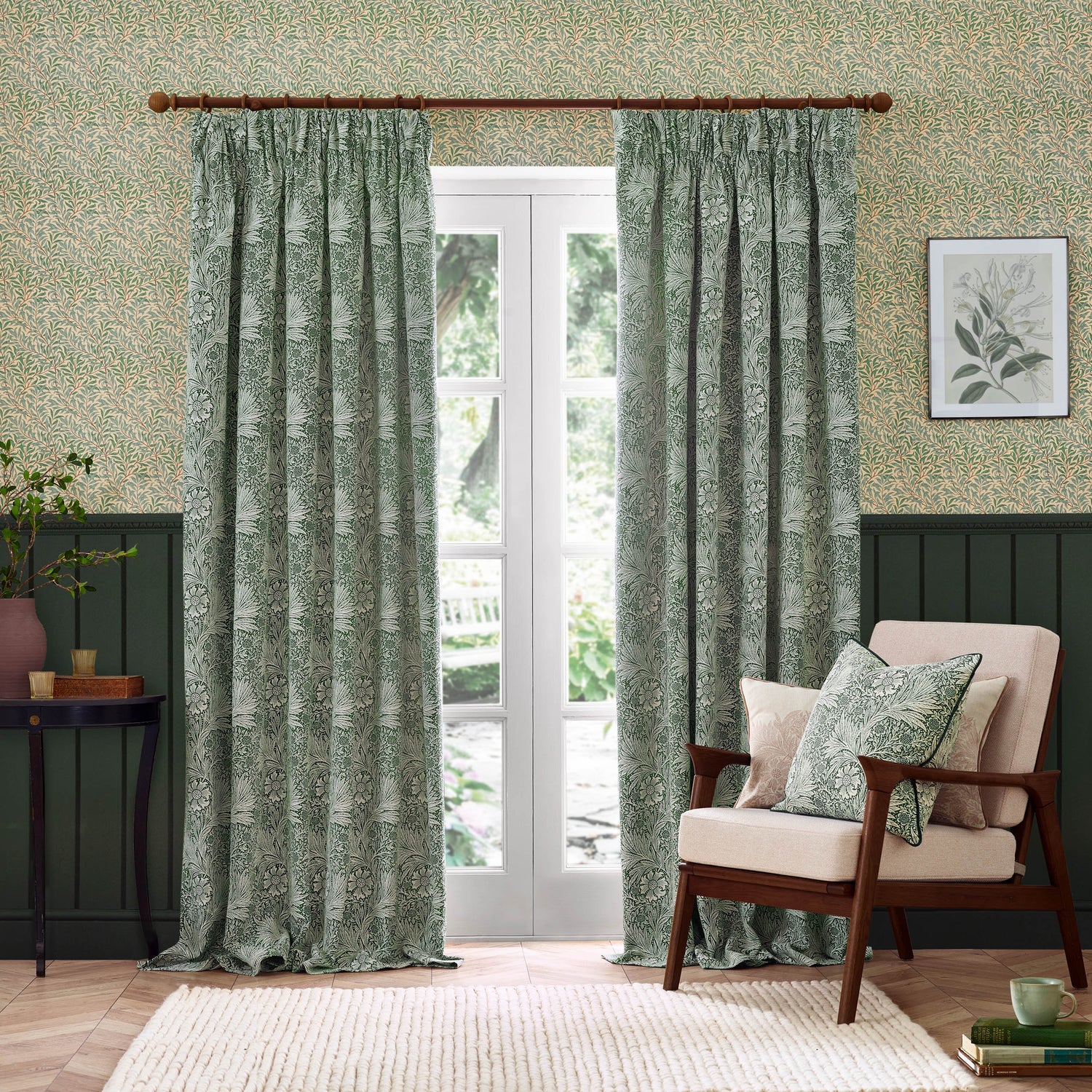 Morris & Co. Marigold Jacquard Floral Ready Made Pencil Pleat Curtains Leaf Green