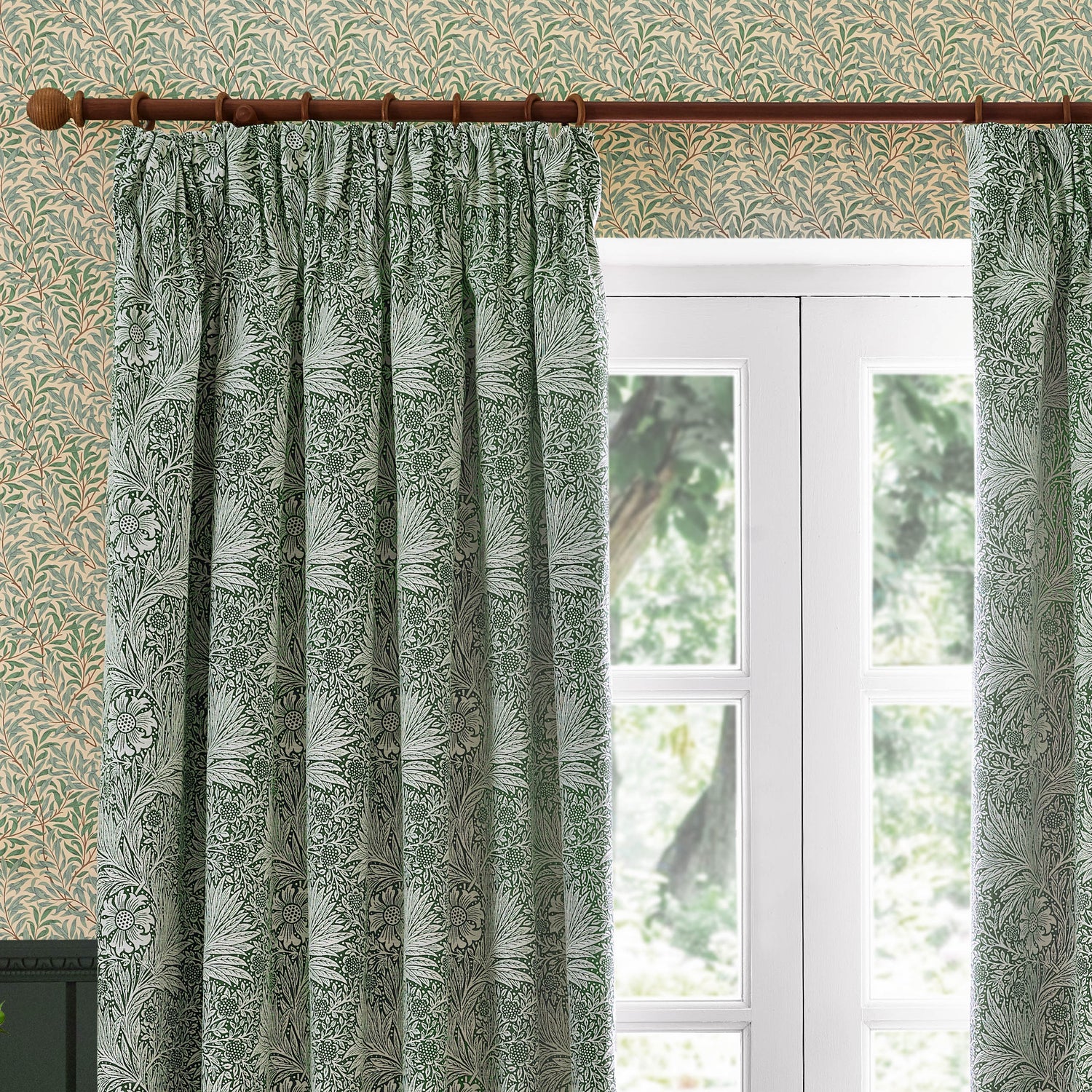 Morris & Co. Marigold Jacquard Floral Ready Made Pencil Pleat Curtains Leaf Green