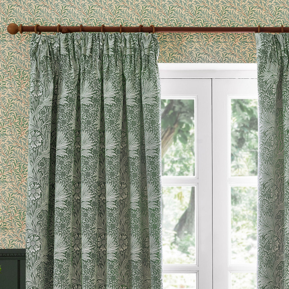 Morris & Co. Marigold Jacquard Floral Ready Made Pencil Pleat Curtains Leaf Green