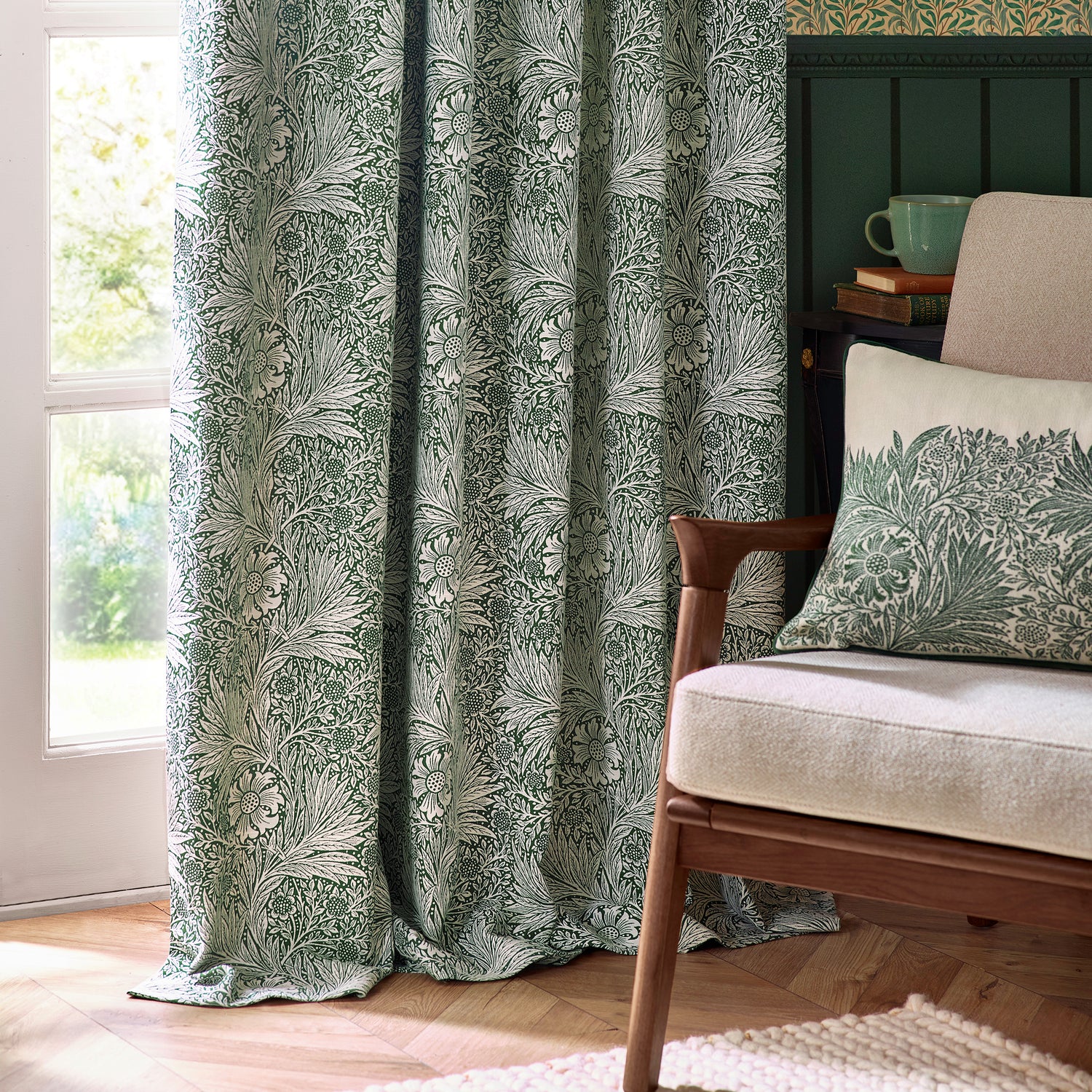 Morris & Co. Marigold Jacquard Floral Ready Made Pencil Pleat Curtains Leaf Green