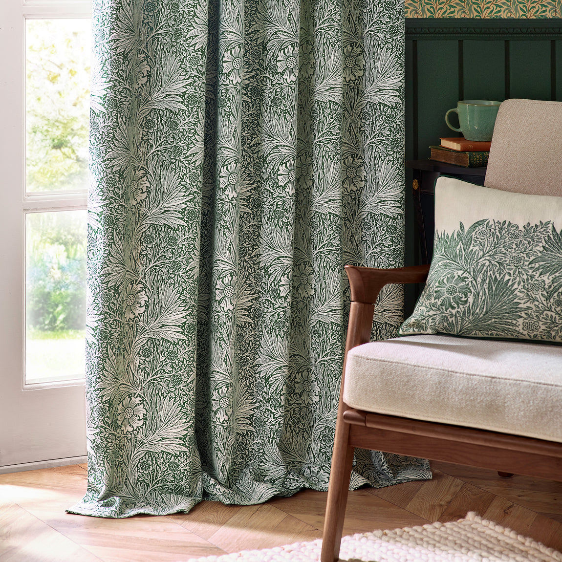 Morris & Co. Marigold Jacquard Floral Ready Made Pencil Pleat Curtains Leaf Green