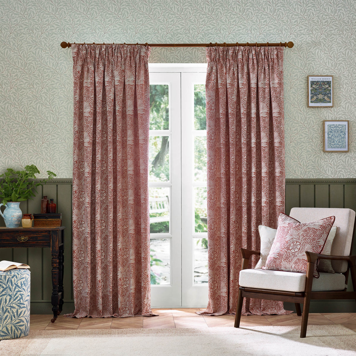 Morris & Co. Marigold Jacquard Floral Ready Made Pencil Pleat Curtains Russet