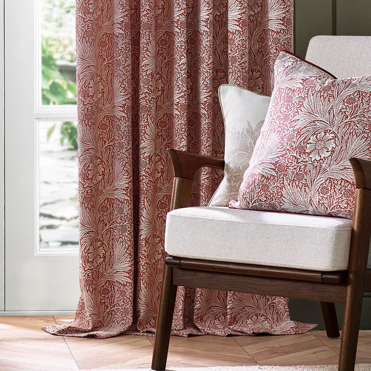 Morris & Co. Marigold Jacquard Floral Ready Made Pencil Pleat Curtains Russet