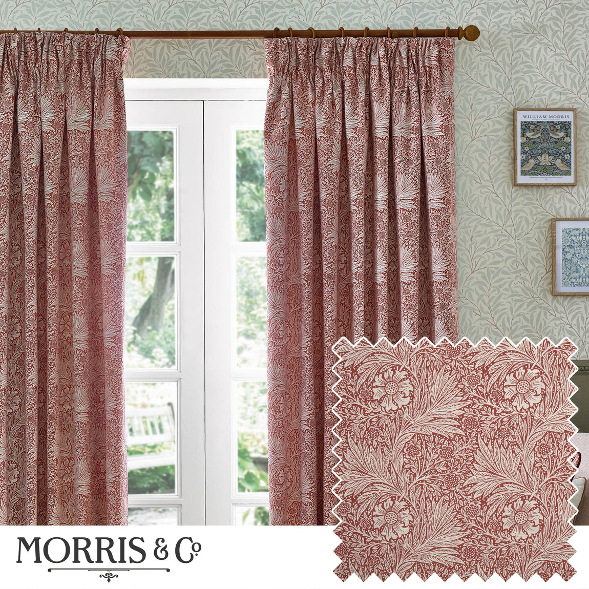 Morris & Co. Marigold Jacquard Floral Ready Made Pencil Pleat Curtains Russet