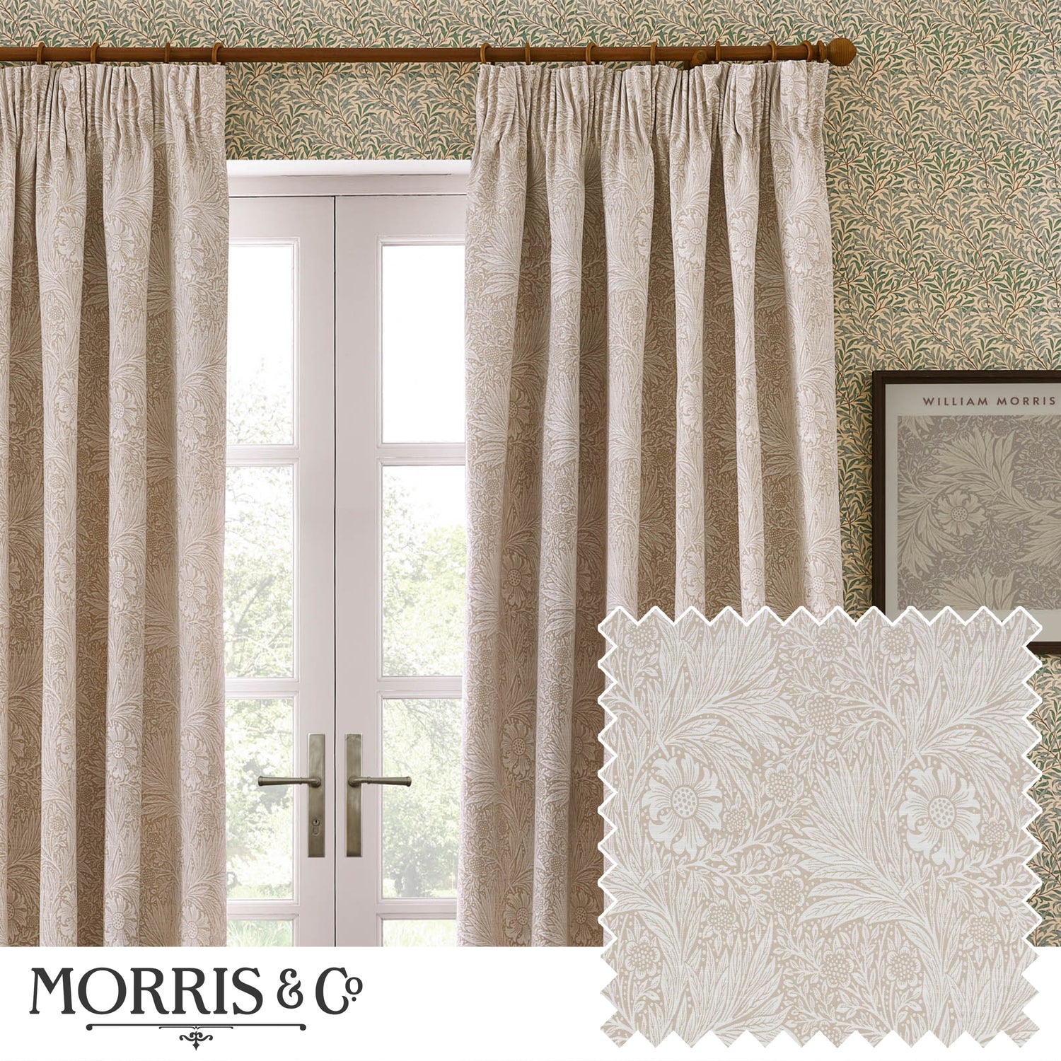 Morris & Co. Marigold Jacquard Floral Ready Made Pencil Pleat Curtains Stone