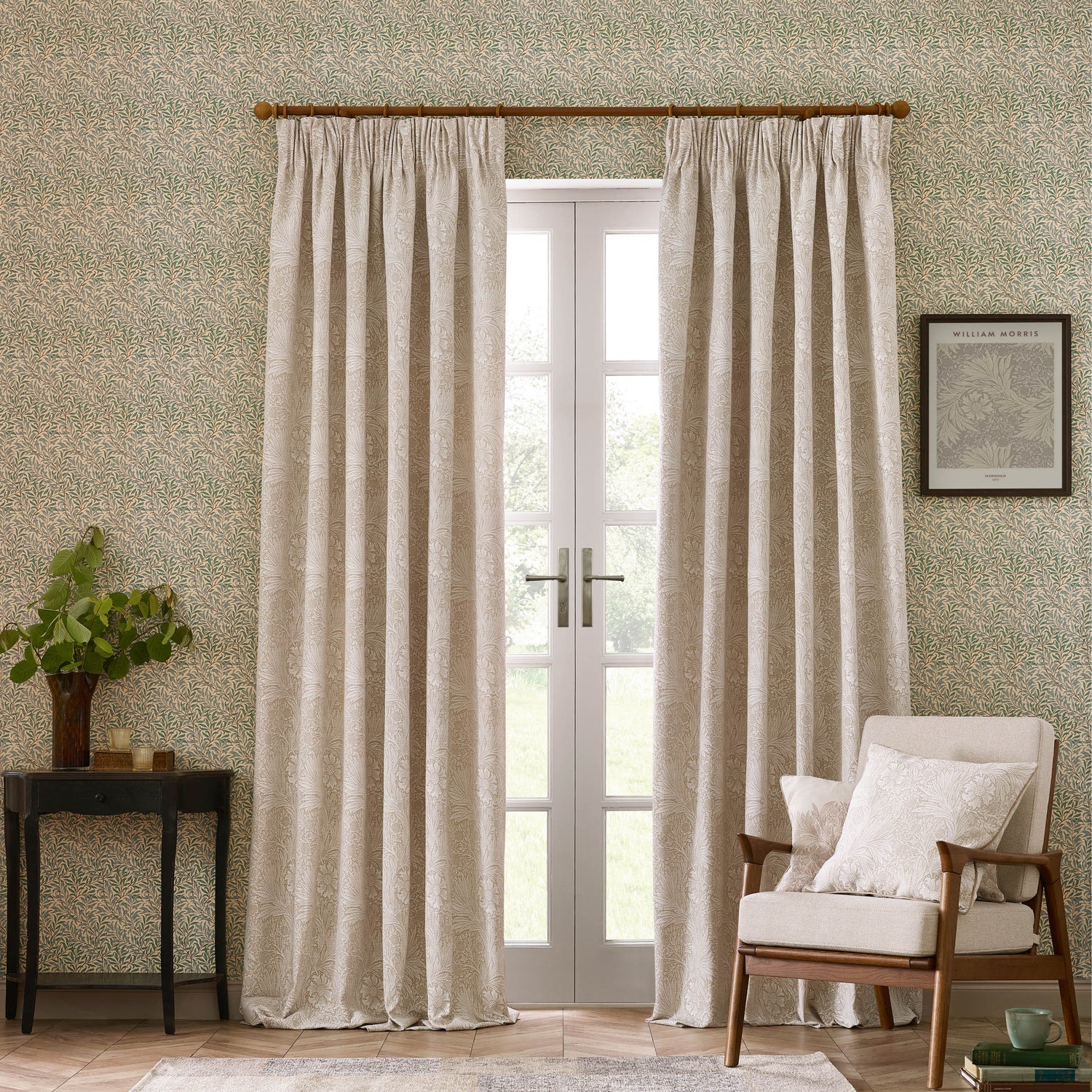 Morris & Co. Marigold Jacquard Floral Ready Made Pencil Pleat Curtains Stone