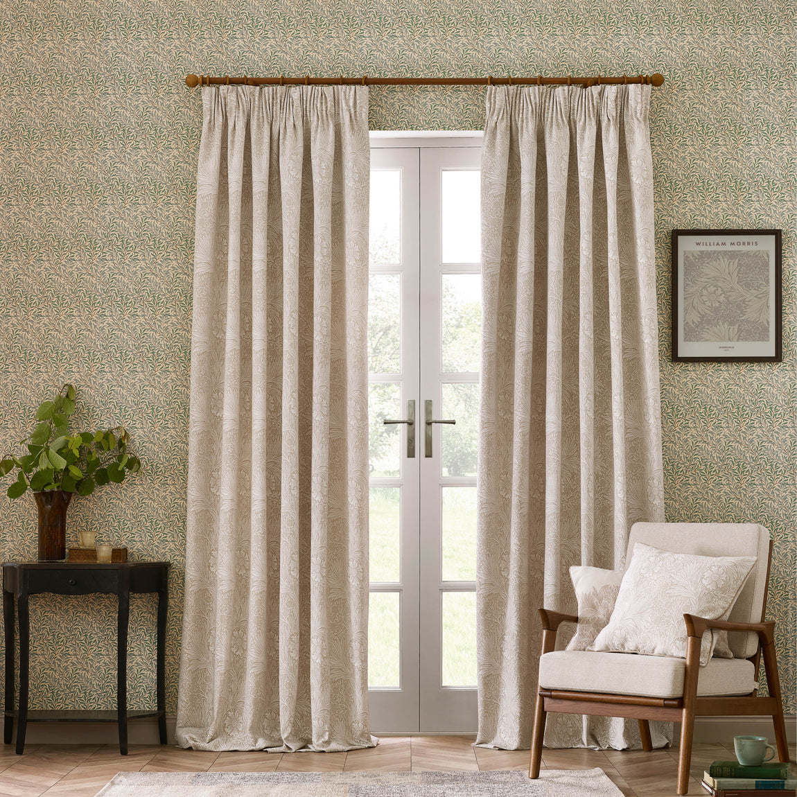 Morris & Co. Marigold Jacquard Floral Ready Made Pencil Pleat Curtains Stone