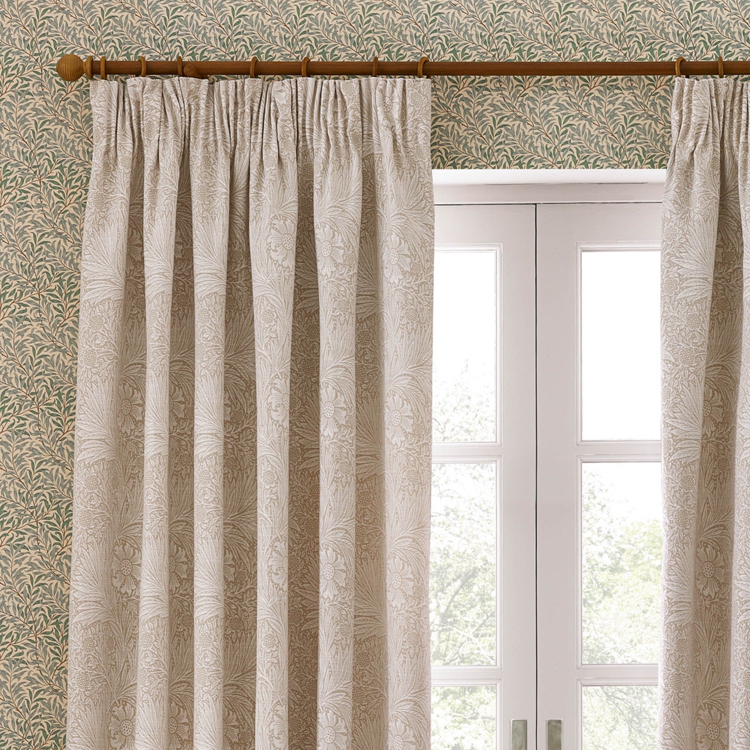 Morris & Co. Marigold Jacquard Floral Ready Made Pencil Pleat Curtains Stone