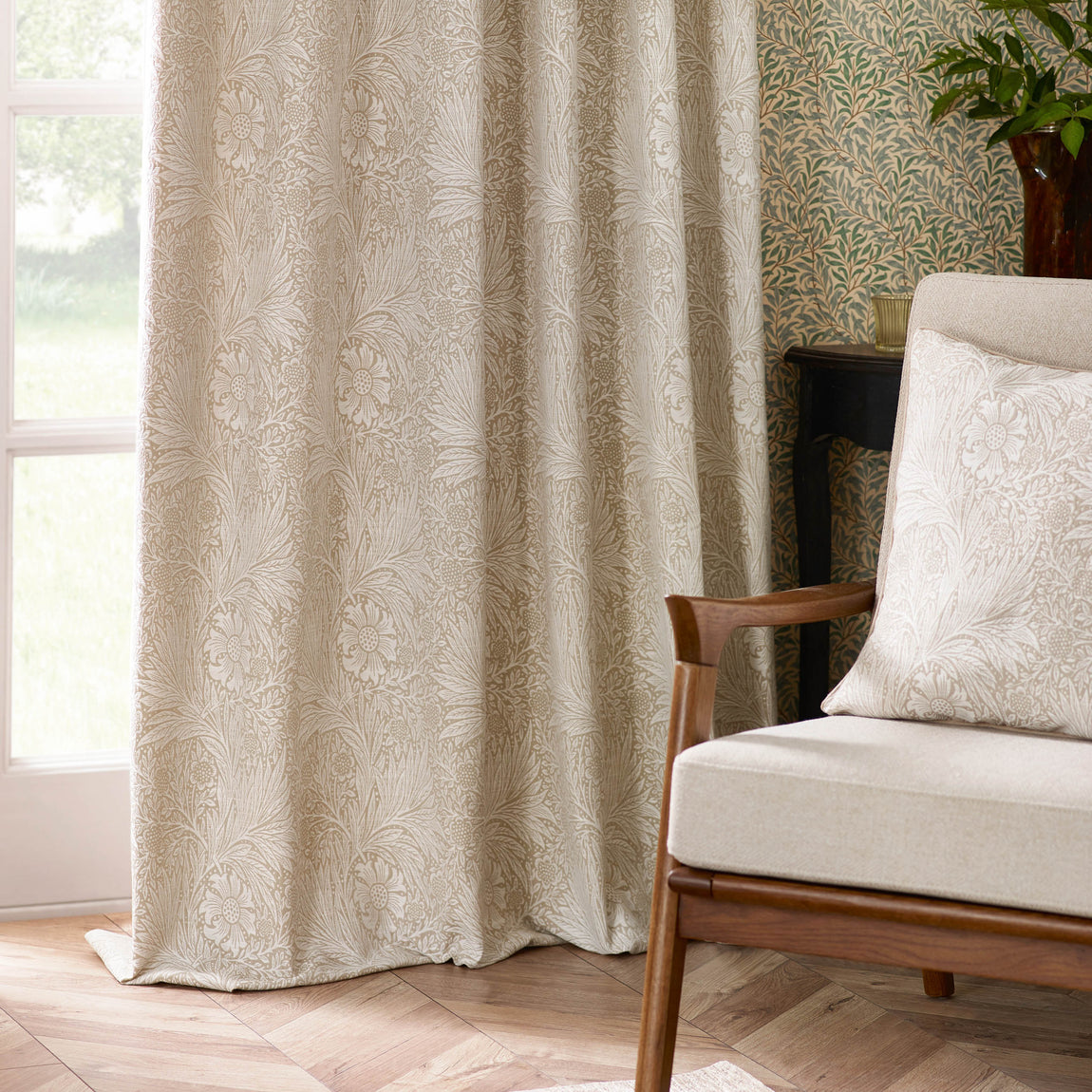 Morris & Co. Marigold Jacquard Floral Ready Made Pencil Pleat Curtains Stone