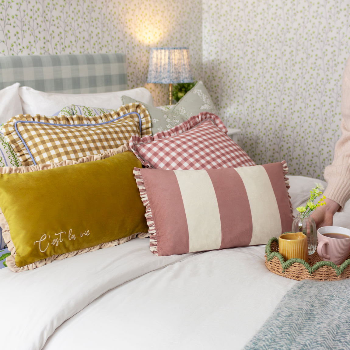 Furn. Maude Gingham 45cm x 45cm Piped Filled Cushion Gold
