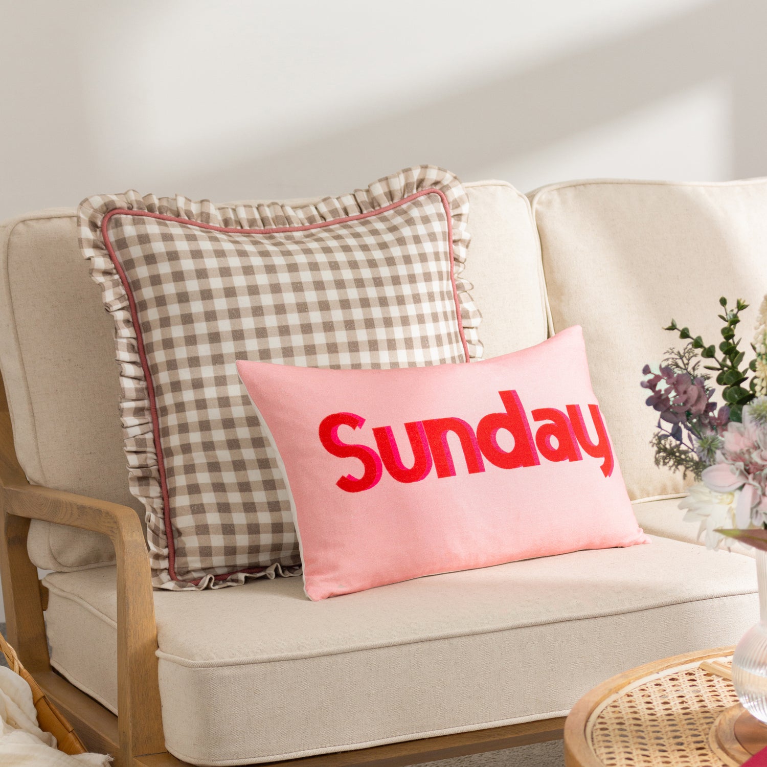 Furn. Maude Gingham 45cm x 45cm Piped Filled Cushion Natural