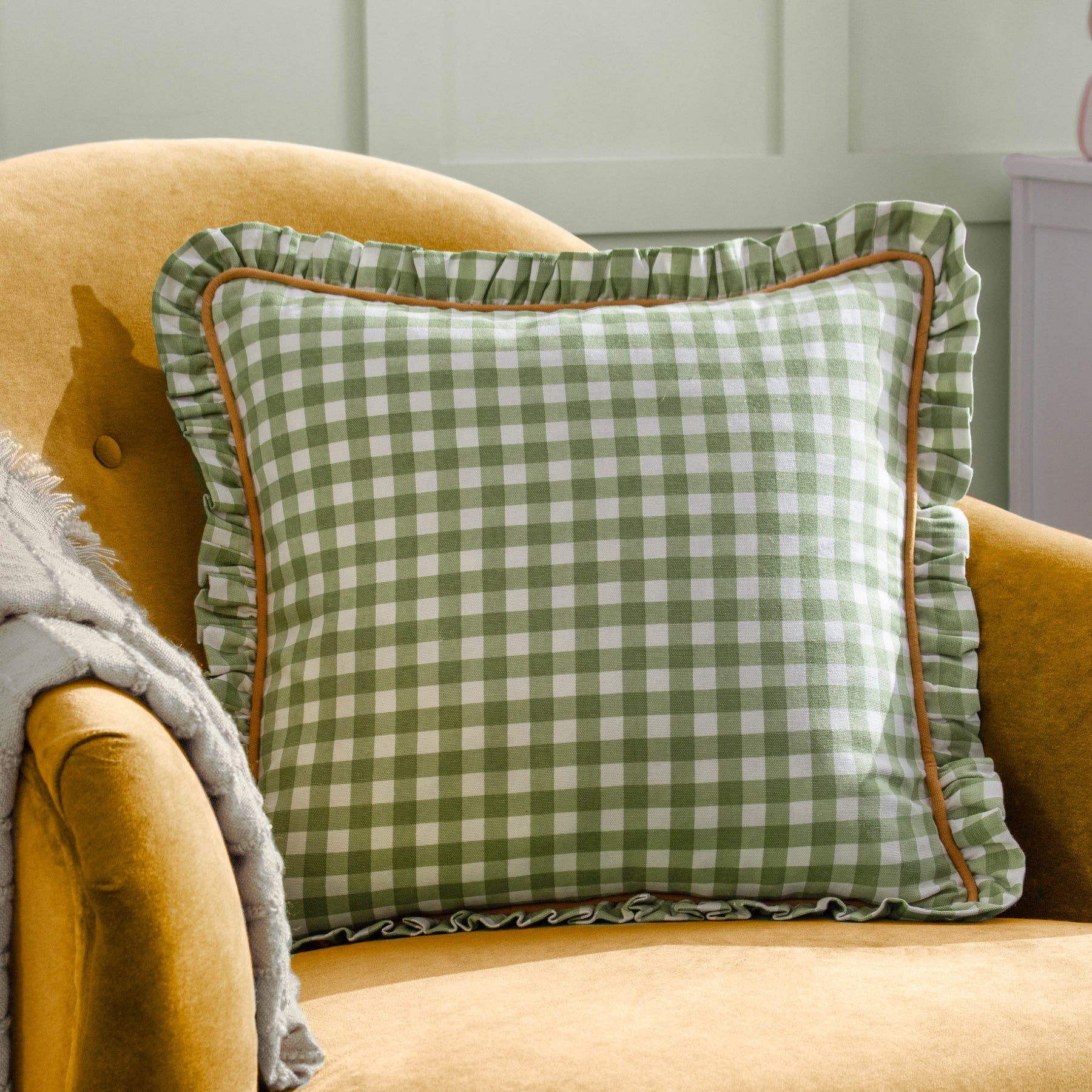 Furn. Maude Gingham 45cm x 45cm Piped Filled Cushion Sage