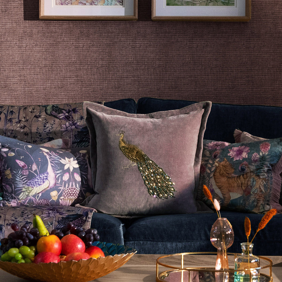 Voyage Maison Mayura Embroidered Velvet 55cm x 55cm Feather Filled Cushion Lavender
