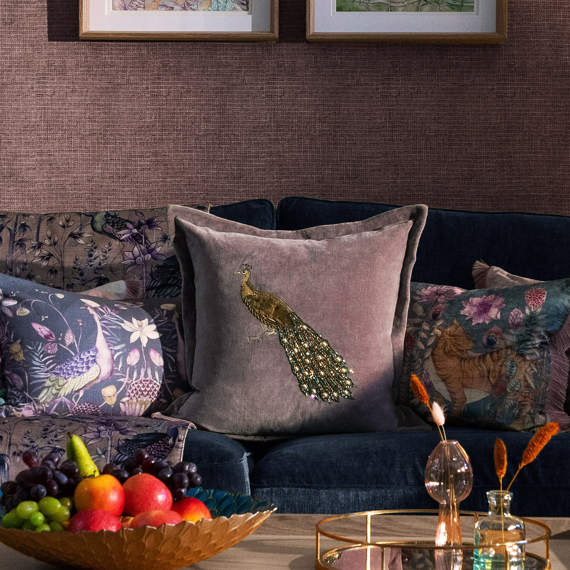 Voyage Maison Mayura Embroidered Velvet 55cm x 55cm Feather Filled Cushion Lavender