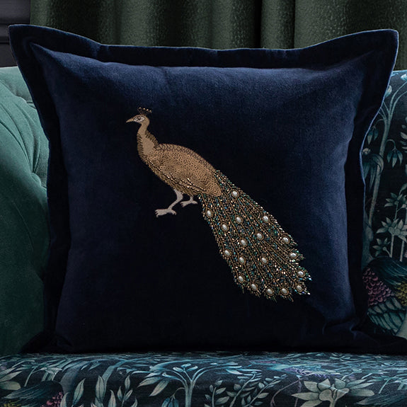Voyage Maison Mayura Embroidered Velvet 55cm x 55cm Feather Filled Cushion Midnight