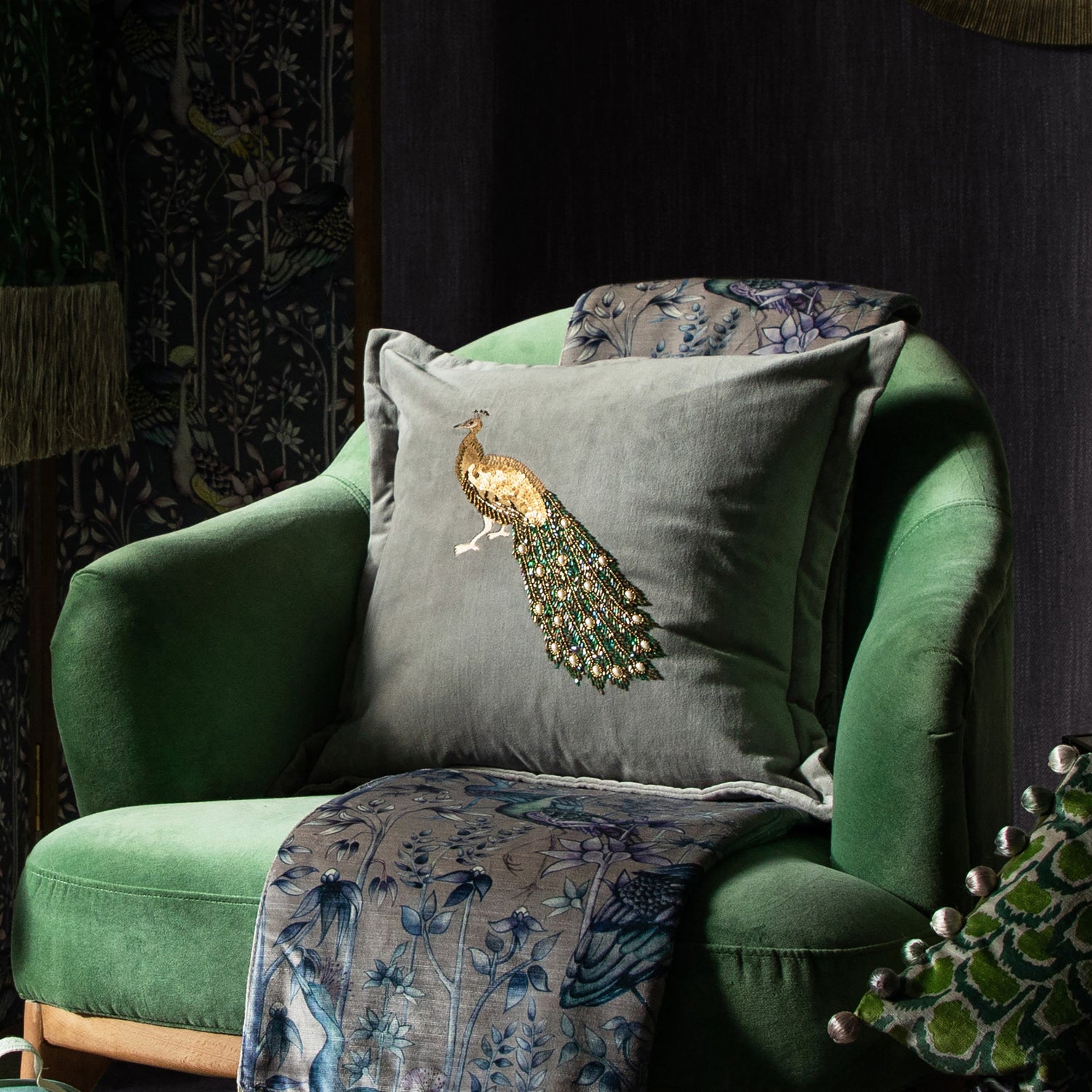 Voyage Maison Mayura Embroidered Velvet 55cm x 55cm Feather Filled Cushion Steel
