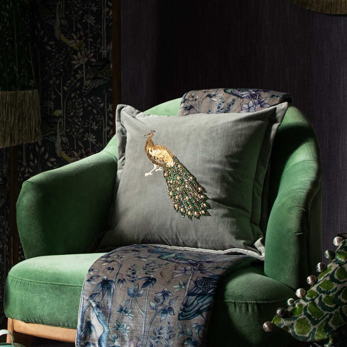 Voyage Maison Mayura Embroidered Velvet 55cm x 55cm Feather Filled Cushion Steel