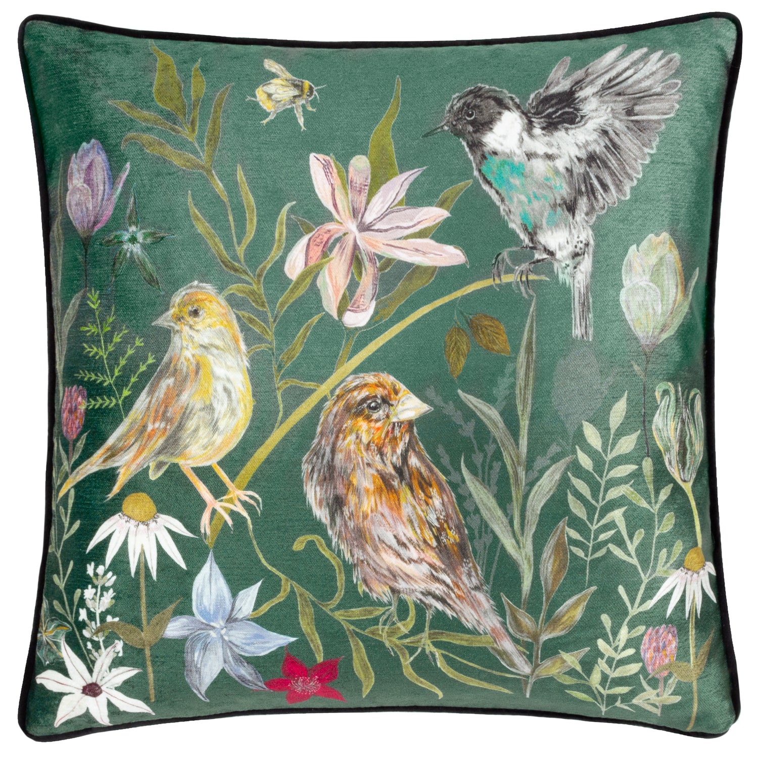 Meadow Bloom Birds Chenille Piped Filled Cushion 43cm x 43cm Teal
