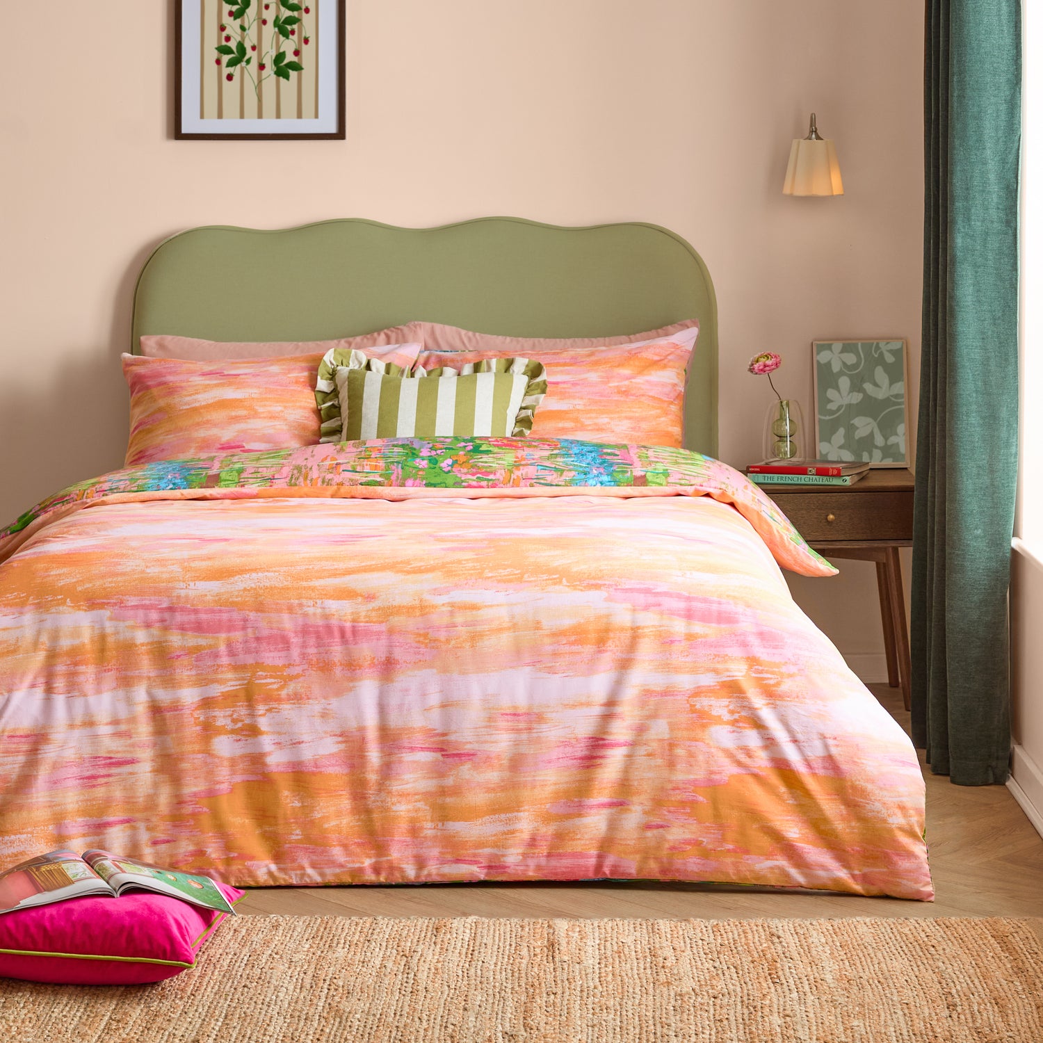Meadow Escape Duvet Cover Bedding Set Green Pink
