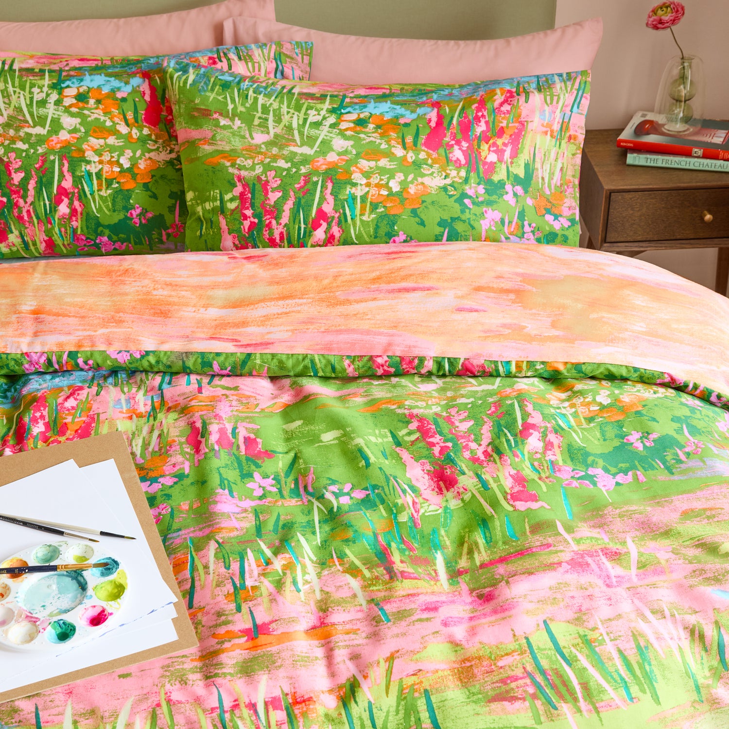 Meadow Escape Duvet Cover Bedding Set Green Pink