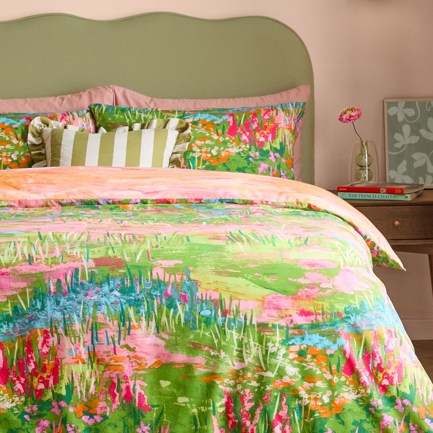 Meadow Escape Duvet Cover Bedding Set Green Pink