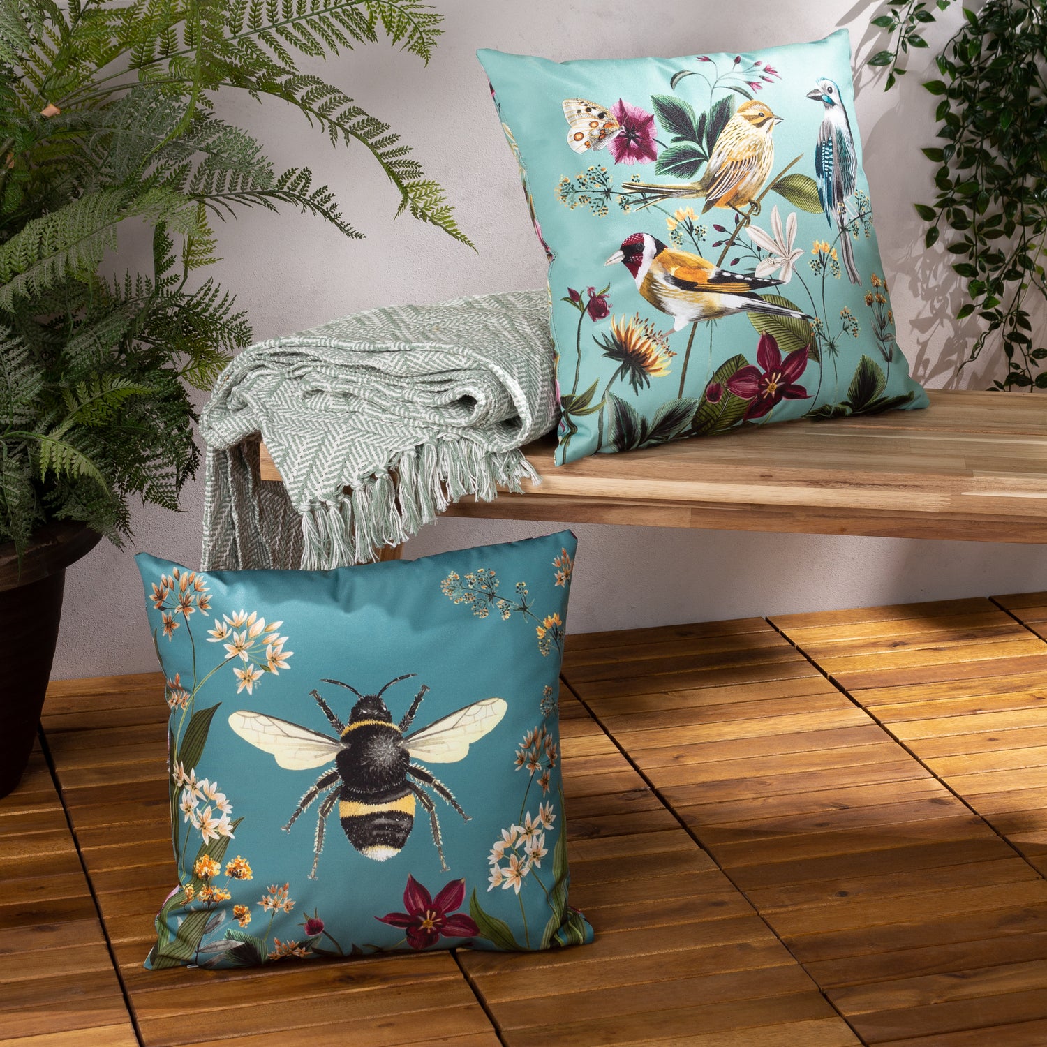 Midnight Garden Birds Outdoor Filled Cushion 43cm x 43cm Aqua