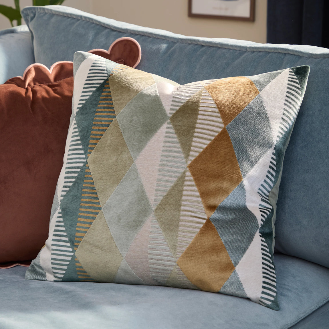 Furn Metro Harlequin Velvet 50cm x 50cm Filled Cushion Green