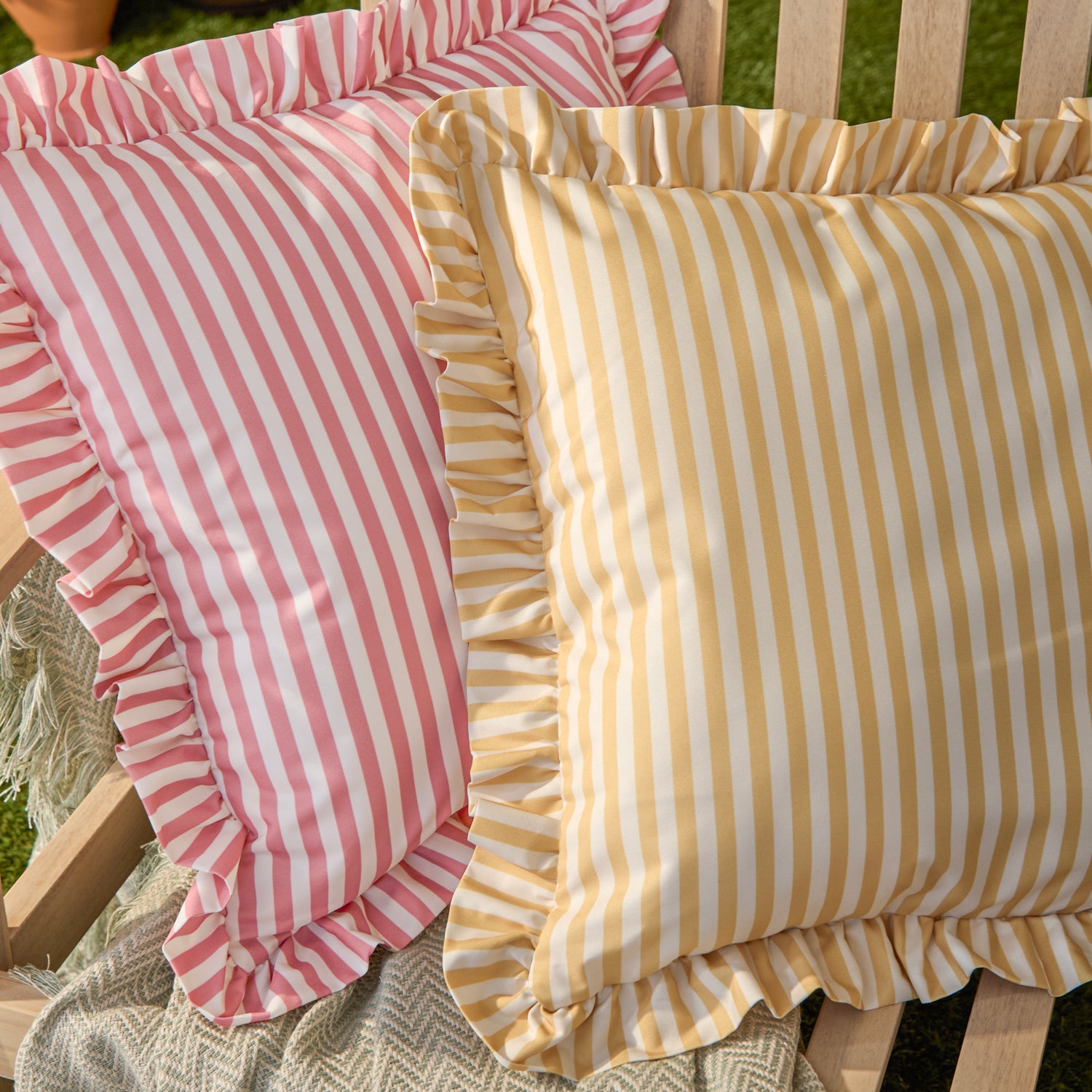 Wylder Nature Millie Ruffle Striped Outdoor Filled Cushion 50cm x 50cm Pink