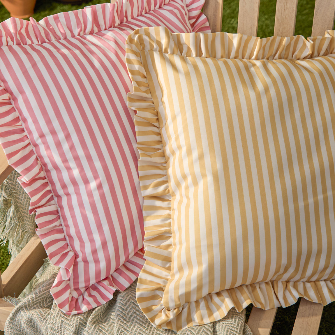 Wylder Nature Millie Ruffle Striped Outdoor Filled Cushion 50cm x 50cm Yellow