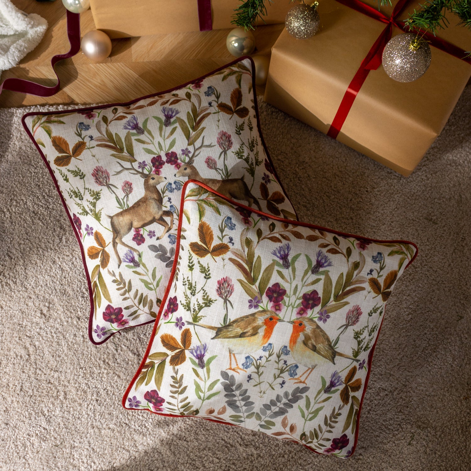 Evans Lichfield Mirrored Robin Watercolour Printed Piped Filled Cushion 43cm x 43cm Sunset