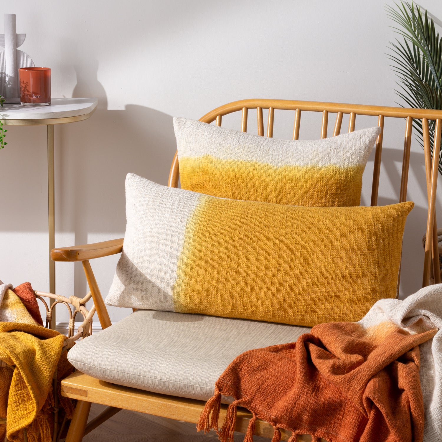 Furn. Mizu Dip Dye Printed 50cm x 50cm Filled Cushion Ochre