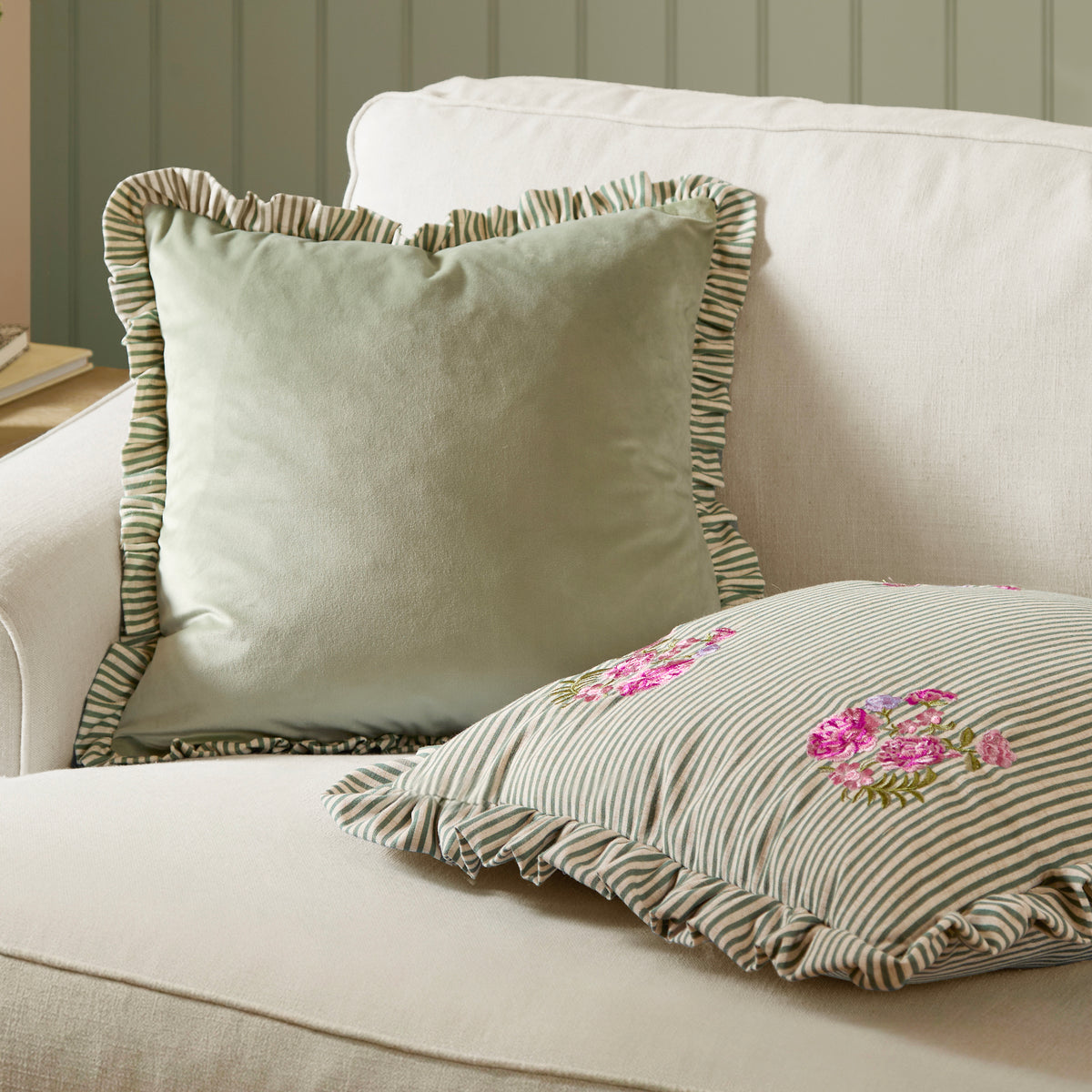 Wylder Martha Embroidered Ruffle 50cm x 50cm Filled Cushion Sage