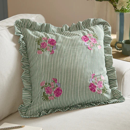 Wylder Martha Embroidered Ruffle 50cm x 50cm Filled Cushion Sage