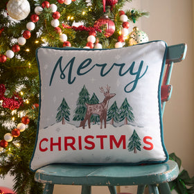 Fusion Merry Christmas Deer Velvet 43cmx43cm Filled Cushion Green