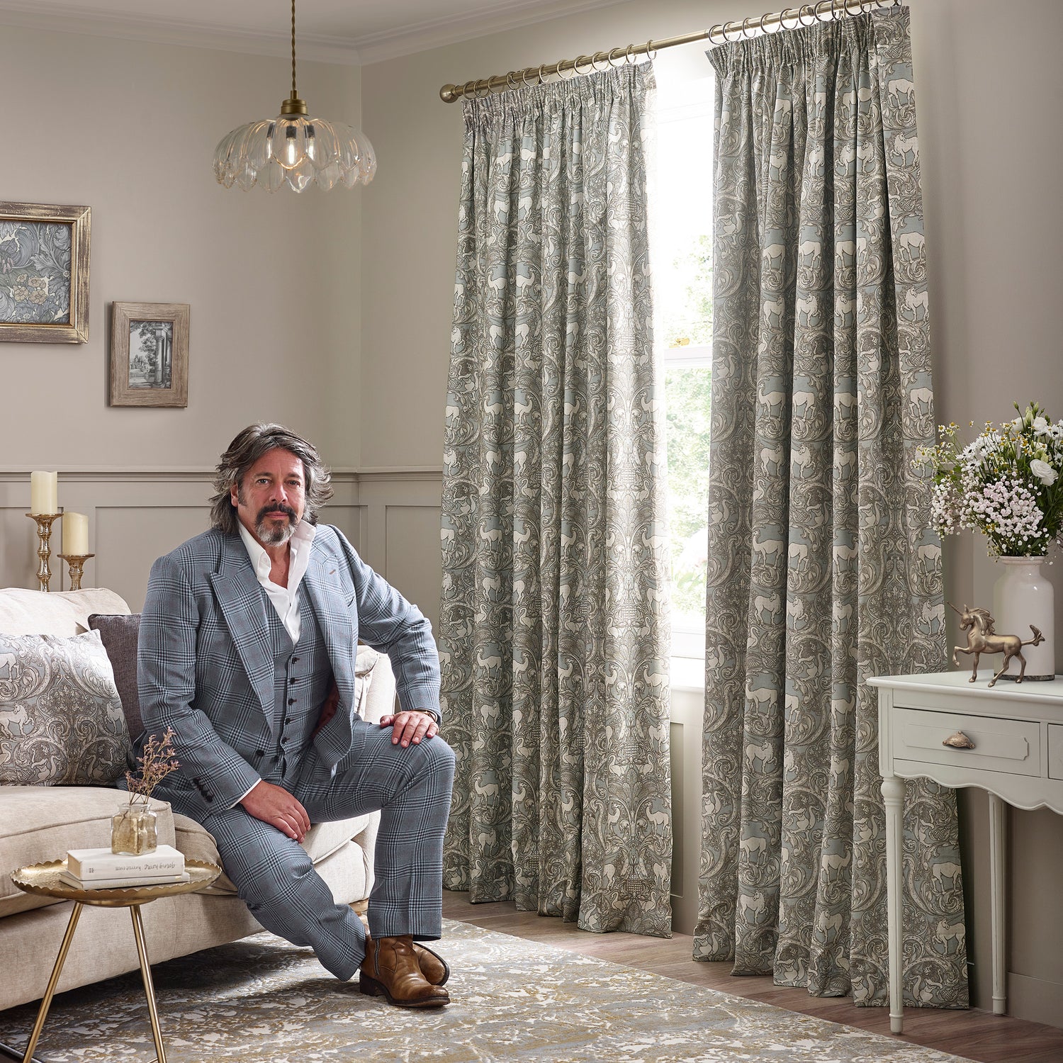 HOUSE Llewelyn-Bowen Menagerie Artois Printed Made To Measure Curtains Powder Blue