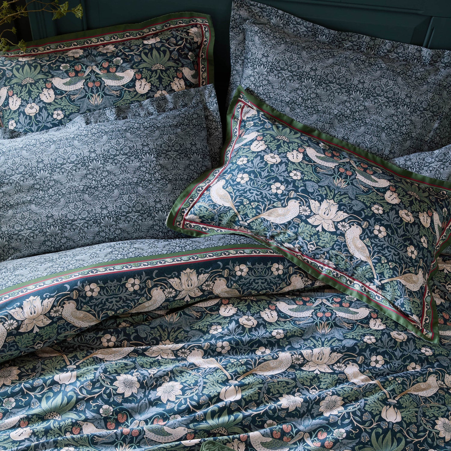 William Morris At Home Midnight Strawberrythief Pair of Oxford Pillowcases Prussian Blue
