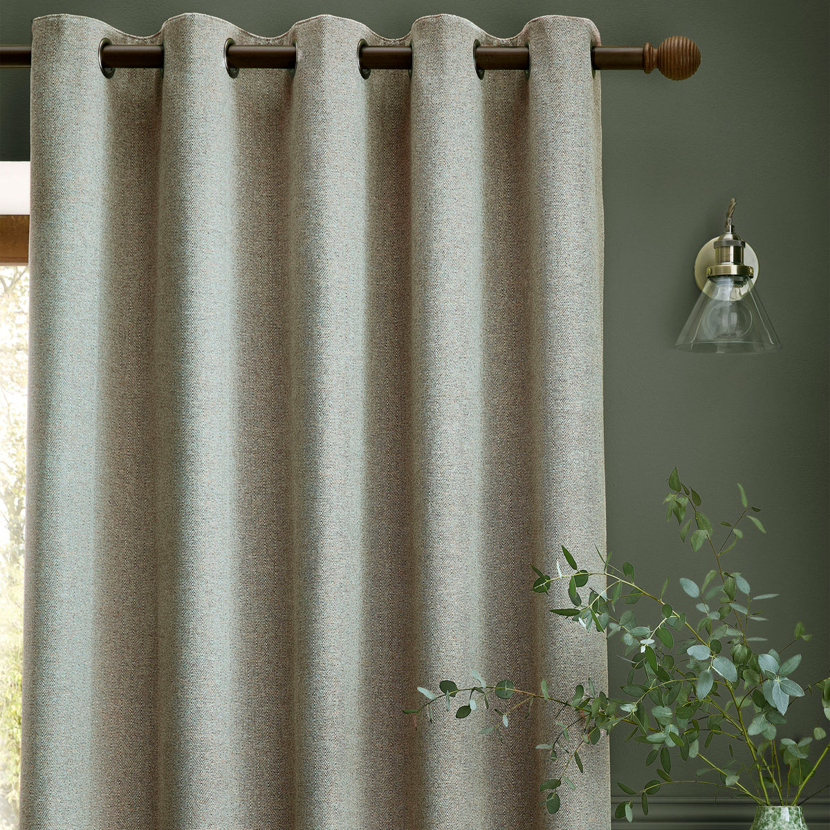 Laura Ashley Milbourne Herringbone Ready Made Eyelet Curtains Grey-Sage