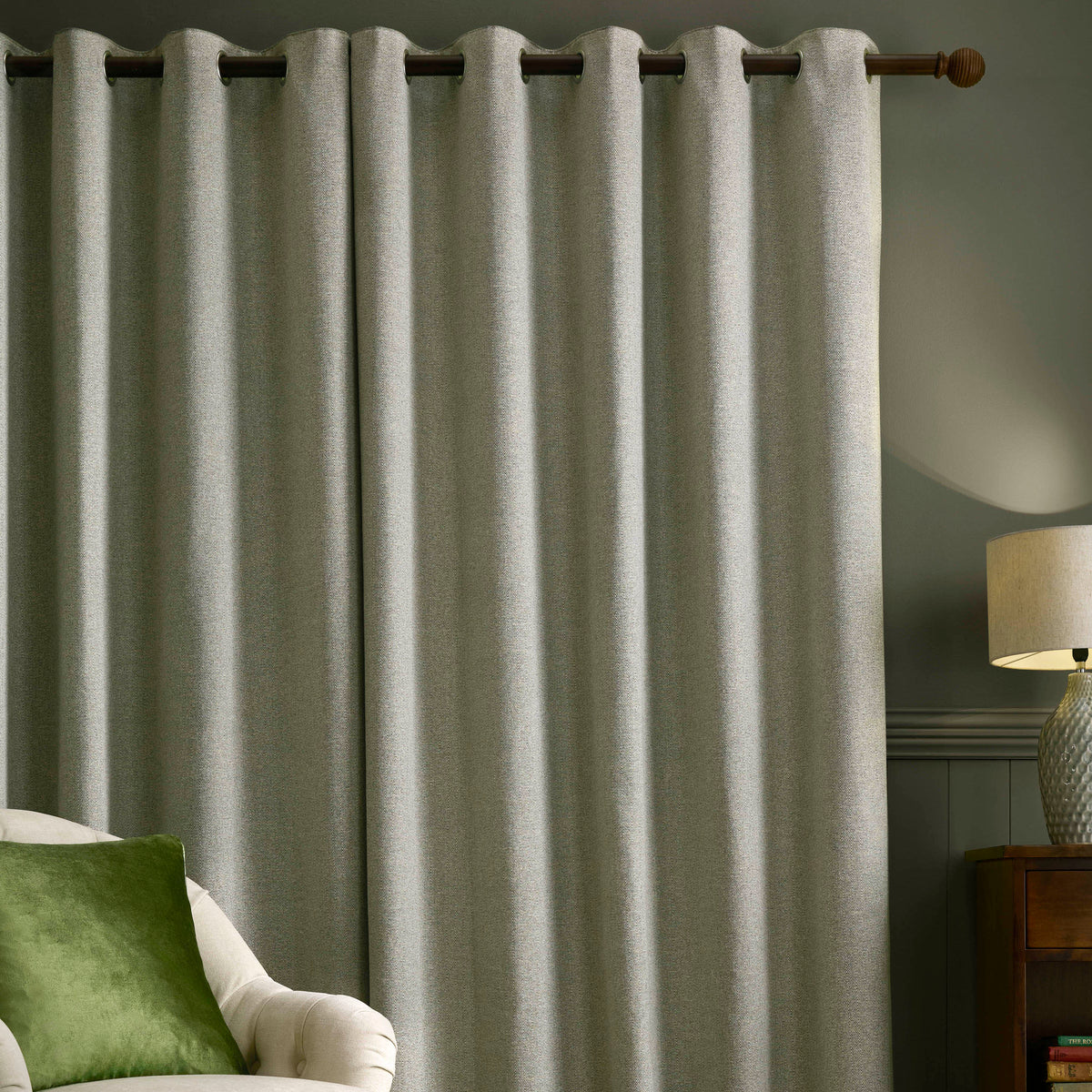 Laura Ashley Milbourne Herringbone Ready Made Eyelet Curtains Grey-Sage