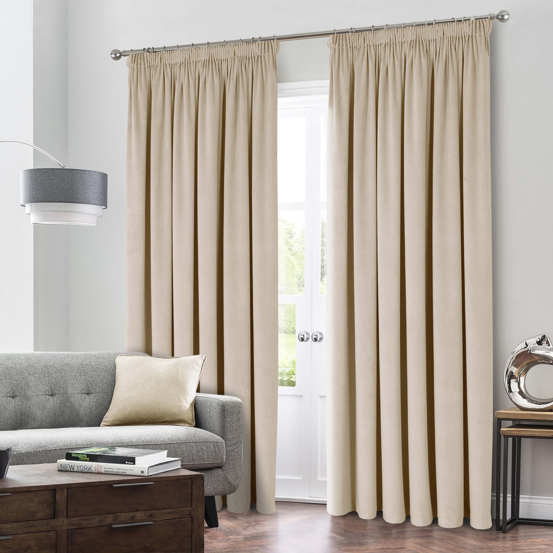 Montreal Thermal Velour Velvet Ready Made Blockout Curtains Natural