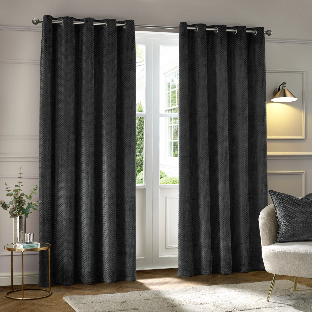 Paoletti Neptune Velvet Ready Made Eyelet Blockout Curtains Charcoal