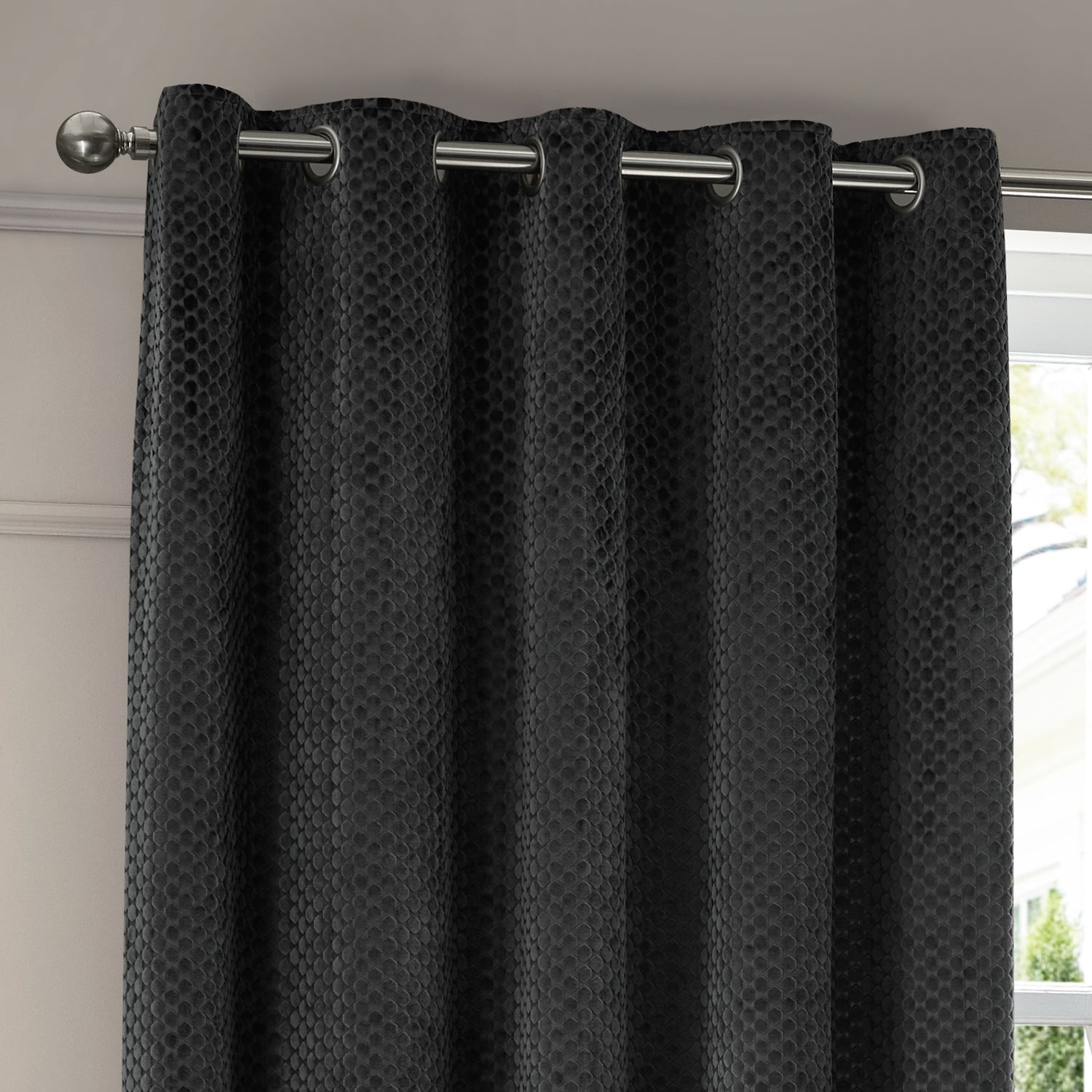Paoletti Neptune Velvet Ready Made Eyelet Blockout Curtains Charcoal