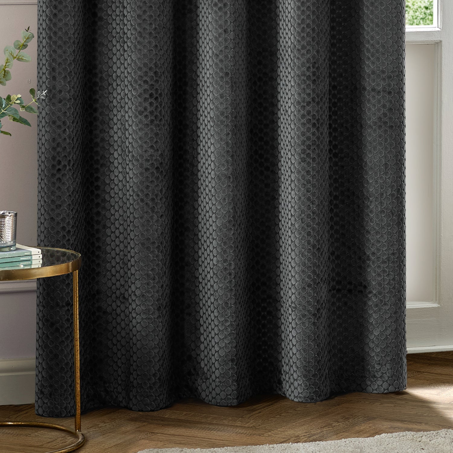 Paoletti Neptune Velvet Ready Made Eyelet Blockout Curtains Charcoal