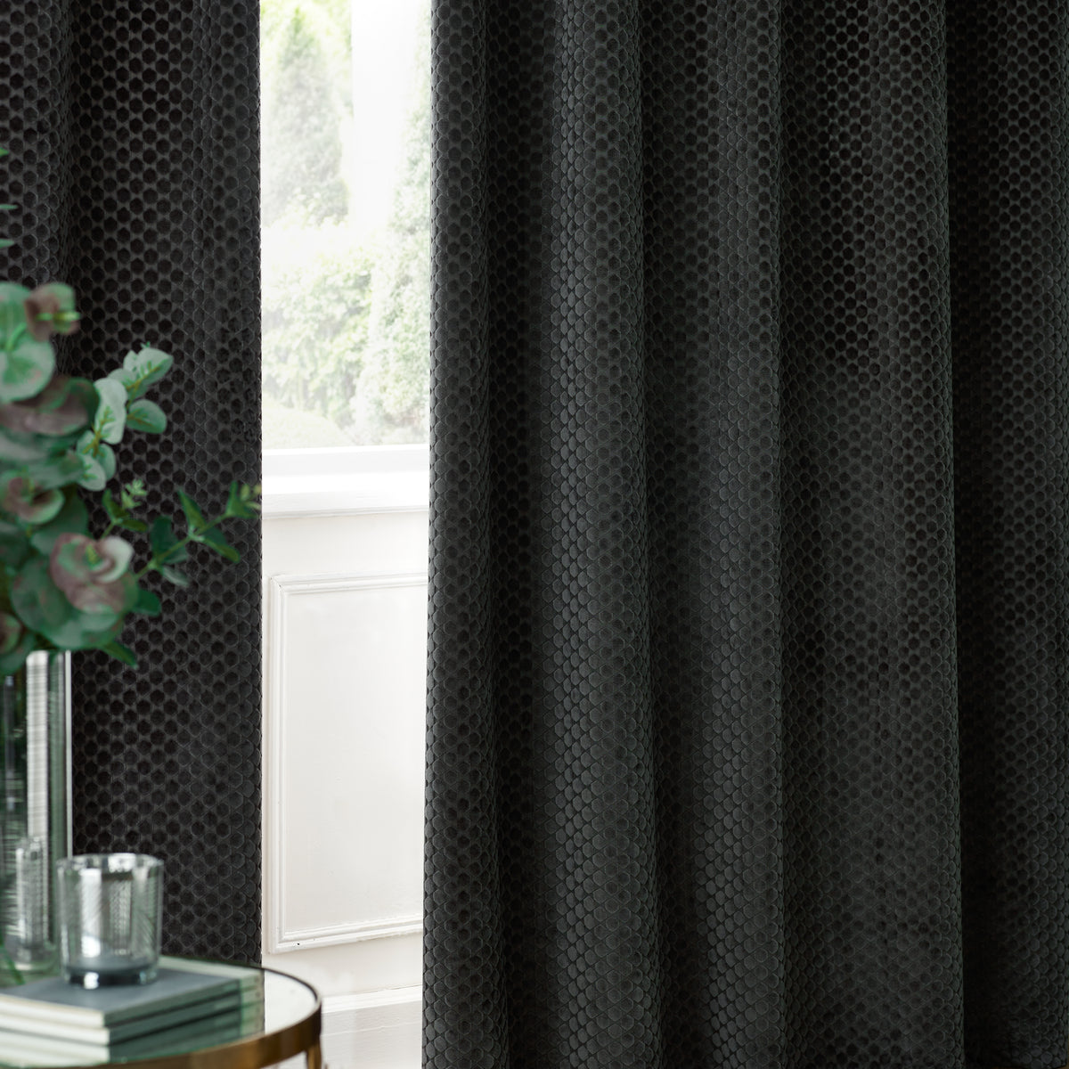 Paoletti Neptune Velvet Ready Made Eyelet Blockout Curtains Charcoal