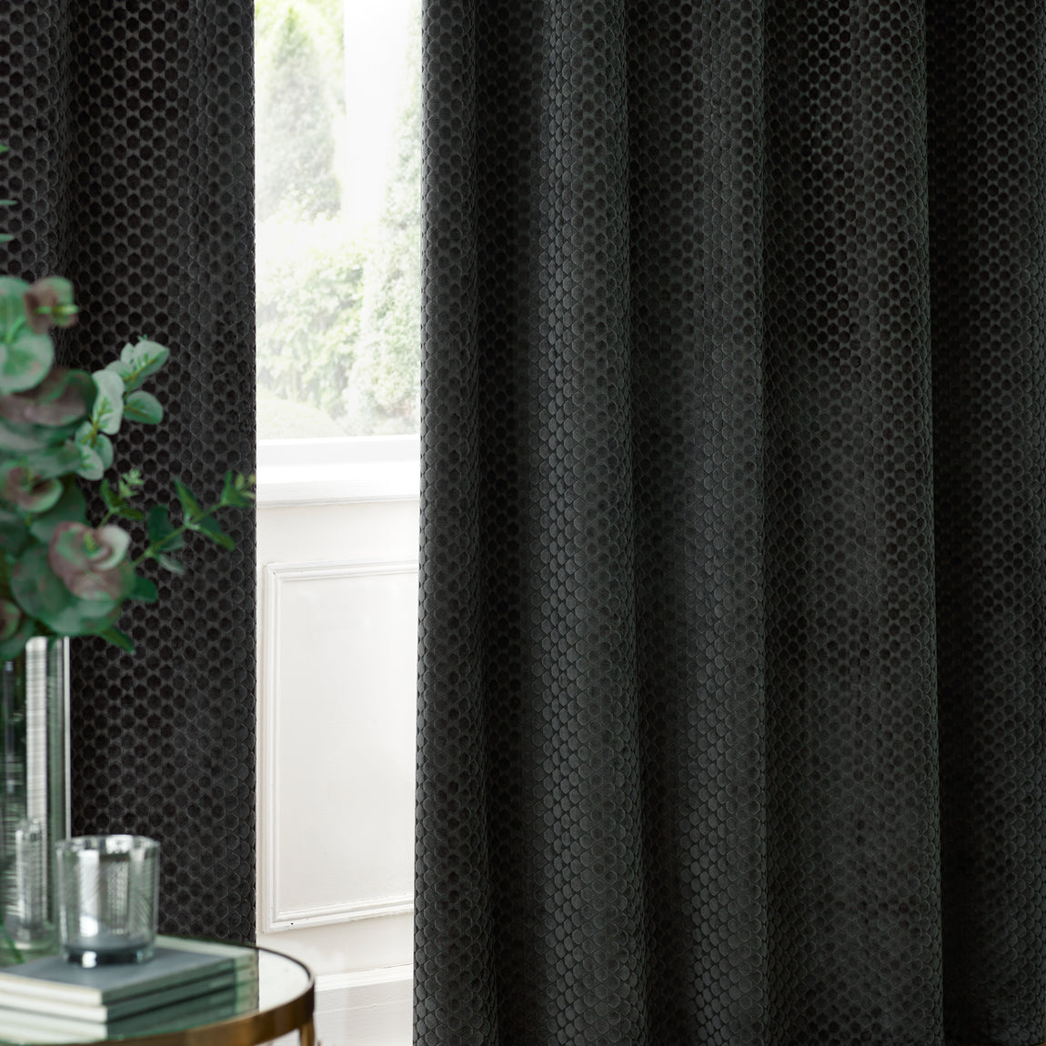 Paoletti Neptune Velvet Ready Made Eyelet Blockout Curtains Charcoal