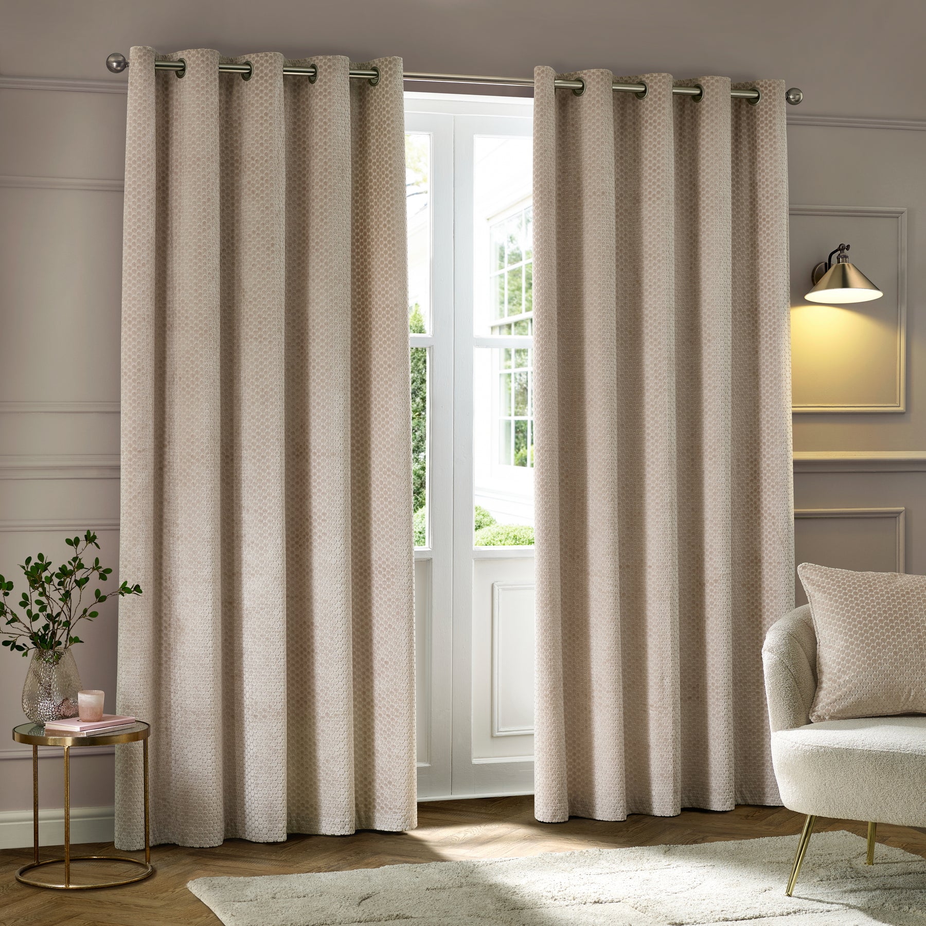 Paoletti Neptune Velvet Ready Made Eyelet Blockout Curtains Champagne